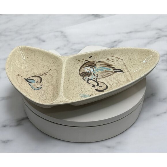 Vintage Red Wing Pottery Divided Ceramic Veggie Bowl Dish Quail Bird Bob White H - Picture 2 of 8